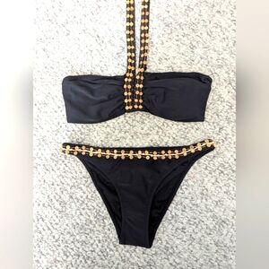 NWT Womens (Size Medium) Black Tube Top Bikini With Shell Buttons & Gold Accents
